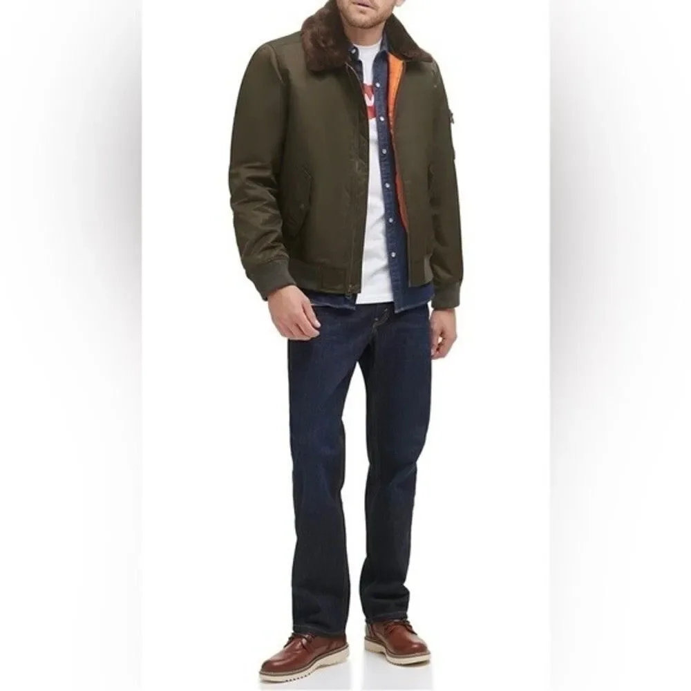 LEVI'S Men's Flight Bomber Jacket with a Faux Fur Removable Collar army green S
